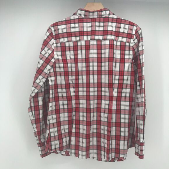Talbots Top Womens 6 Red White Tartan Plaid Button Up Long Sleeve Cotton Stretch - Picture 2 of 12